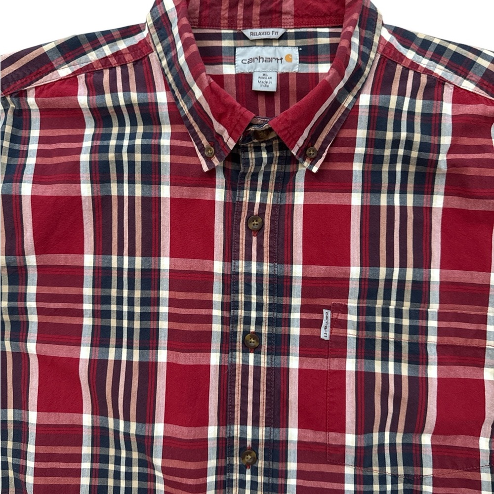 Carhart Men’s Short Sleeve Button Down‎ Shirt Size XL Plaid Red Relaxed Fit